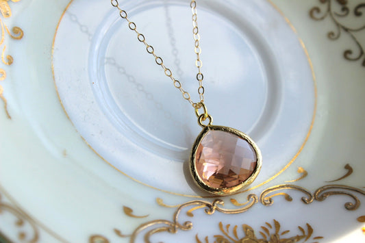 Large Peach Pink Necklace Champagne Blush Pendant Necklace Jewelry Gold Plated Wedding Jewelry - Blush Bridesmaid Jewelry - Bridal Necklace