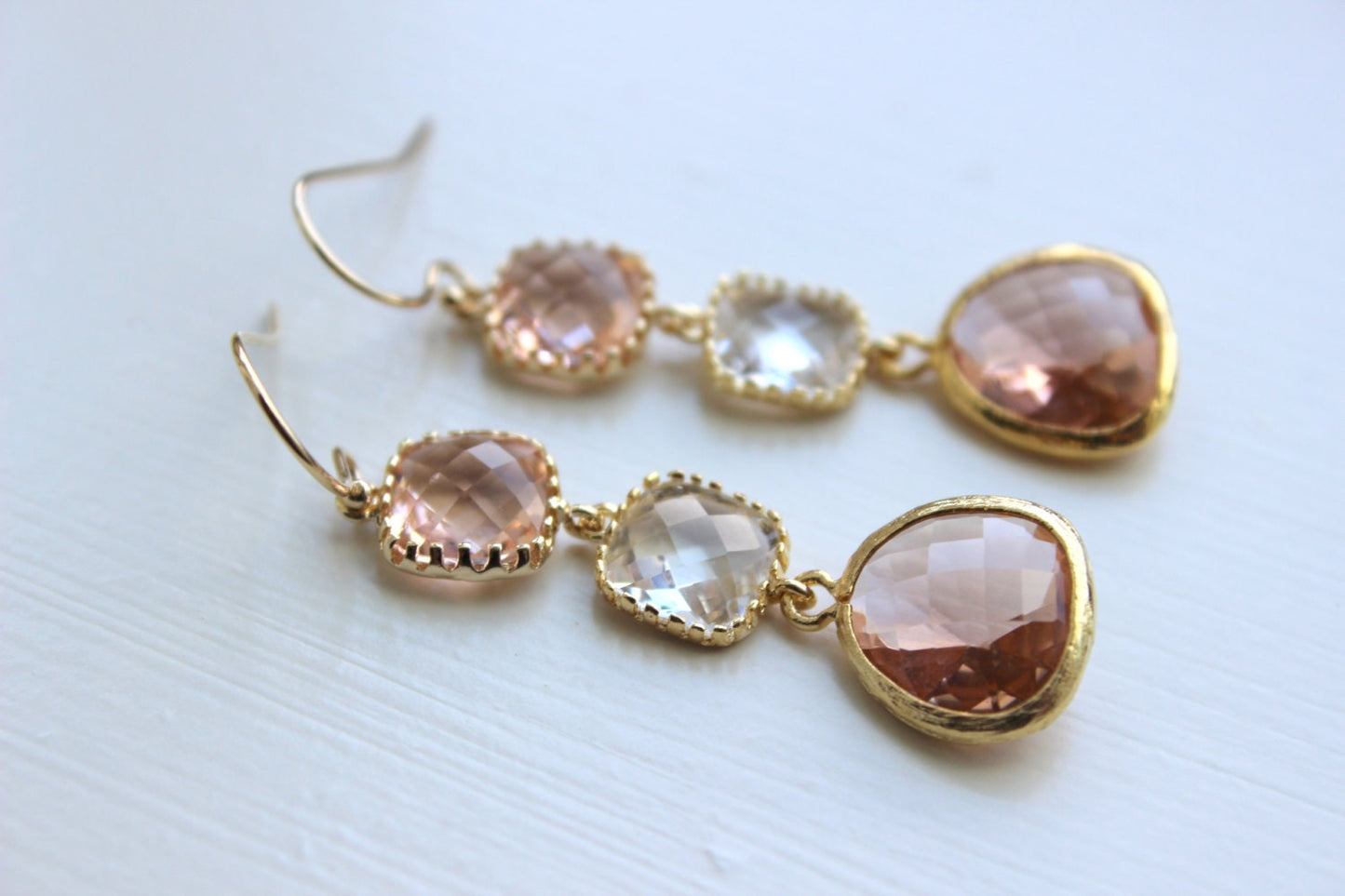 Blush Champagne Crystal Earrings Gold Three Tiered Jewelry - Pink Bridesmaid Earrings -  Peach Wedding Earrings Crystal Pink Wedding Jewelry