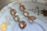 Blush Champagne Crystal Earrings Gold Three Tiered Jewelry - Pink Bridesmaid Earrings -  Peach Wedding Earrings Crystal Pink Wedding Jewelry
