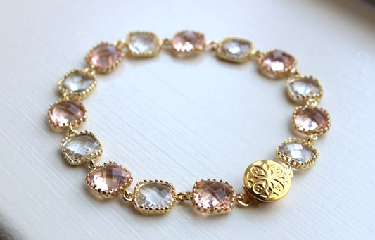 Blush Champagne Crystal Bracelet Gold Plated - Pink Clear Bridesmaid Bracelet - Peach Bridal Bracelet - Champagne Crystal Wedding Jewelry