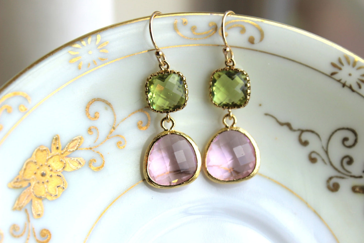 Peridot Earrings Pink Apple Green Jewelry Gold Light Pink - Bridesmaid Earrings Peridot Green Wedding Earrings Blush Pink Bridesmaid Jewelry