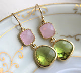 Peridot Earrings Green Pink Opal Gold Plated - Bridesmaid Earrings Wedding Apple Green Light Pink Bridesmaid Jewelry Gift - Gold Accessories