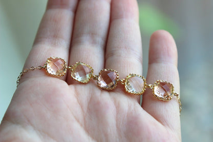 Crystal Clear Champagne Blush Necklace Gold Peach Necklace - Bridesmaid Gift Bridal Necklace Pink Crystal Wedding Jewelry Bridesmaid Jewelry