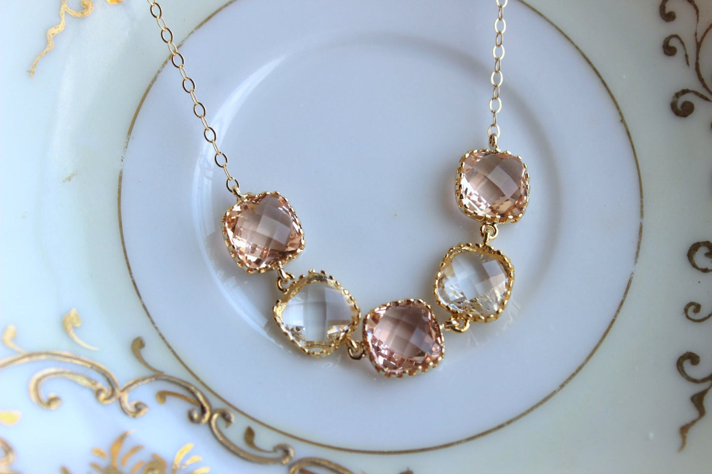 Crystal Clear Champagne Blush Necklace Gold Peach Necklace - Bridesmaid Gift Bridal Necklace Pink Crystal Wedding Jewelry Bridesmaid Jewelry