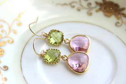 Peridot Earrings Pink Apple Green Jewelry Gold Light Pink - Bridesmaid Earrings Peridot Green Wedding Earrings Blush Pink Bridesmaid Jewelry