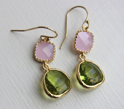 Peridot Earrings Green Pink Opal Gold Plated - Bridesmaid Earrings Wedding Apple Green Light Pink Bridesmaid Jewelry Gift - Gold Accessories