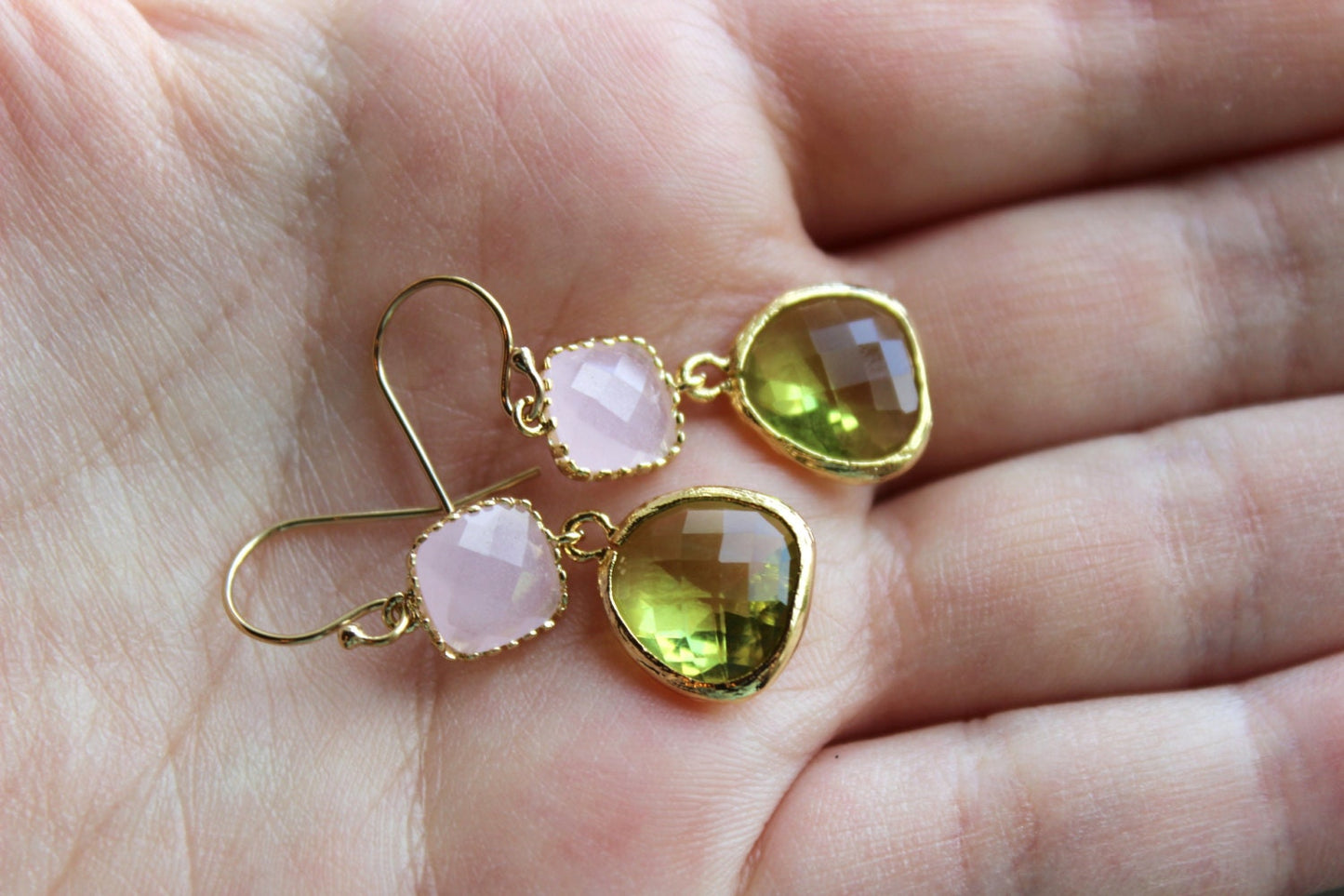Peridot Earrings Green Pink Opal Gold Plated - Bridesmaid Earrings Wedding Apple Green Light Pink Bridesmaid Jewelry Gift - Gold Accessories