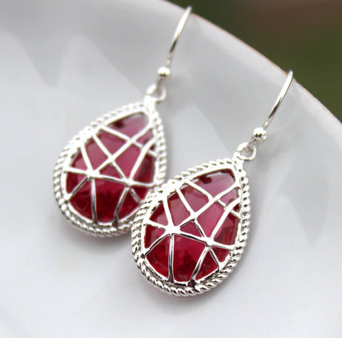 Ruby Earrings Red Silver Twisted Design - Ruby Bridesmaid Earrings Wedding Earrings Ruby Wedding Jewelry Bridesmaid Gift