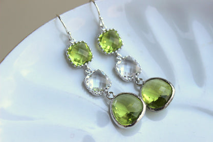 Apple Green Peridot Earrings Silver Crystal Clear Jewelry - Peridot Bridesmaid Earrings - Green Wedding Earrings - Crystal Wedding Jewelry
