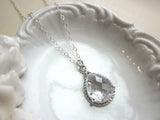 Crystal Necklace Silver Clear Teardrop - Sterling Silver Chain - Bridesmaid Necklace - Bridesmaid Jewelry - Bridal Wedding