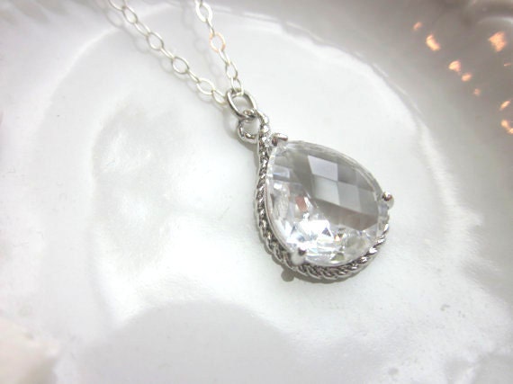 Crystal Necklace Silver Clear Teardrop - Sterling Silver Chain - Bridesmaid Necklace - Bridesmaid Jewelry - Bridal Wedding