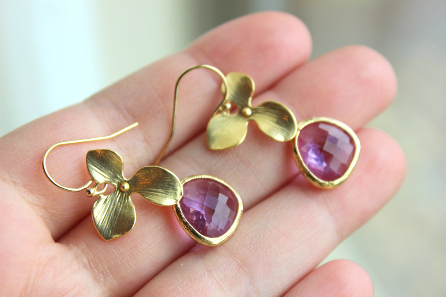 Gold Lavender Earrings Orchid Flower - Lilac Purple Earrings  - Lavender Bridesmaid Earrings - Bridesmaid Gift - Purple Wedding Jewelry