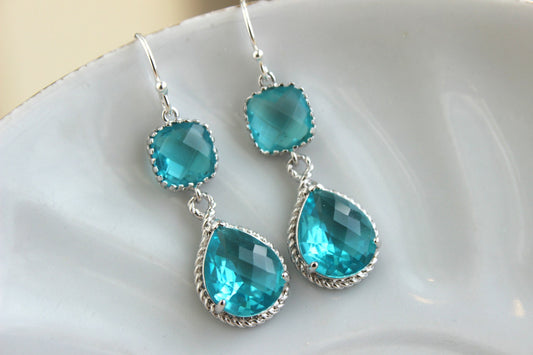 Sea Green Teal Earrings Blue Silver Jewelry Teardrop Glass - Teal Blue Bridesmaid Earrings Wedding Earrings Teal Bridesmaid Jewelry