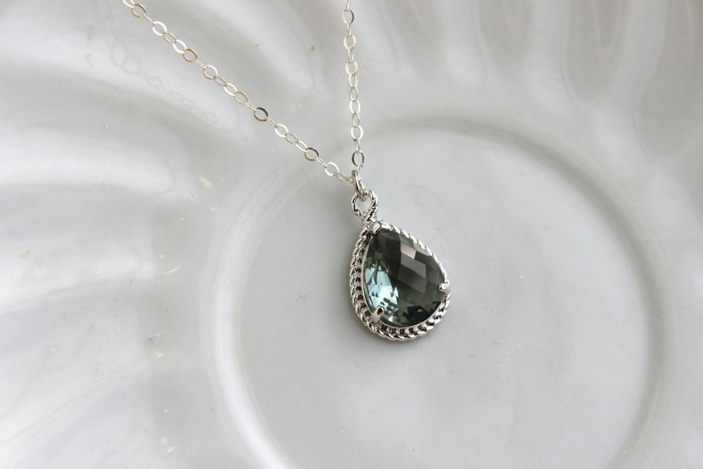 Charcoal Gray Necklace Silver Teardrop Grey Jewelry Sterling Silver Chain - Bridesmaid Jewelry - Wedding Jewelry - Charcoal Necklace Gray
