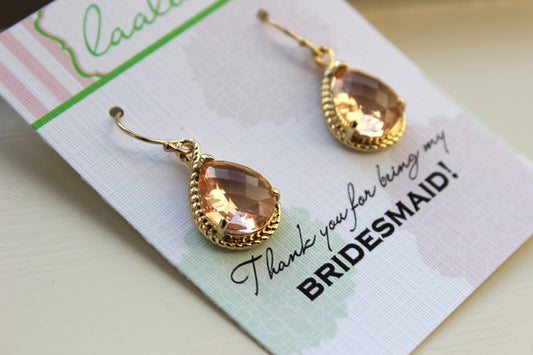 Blush Champagne Earrings Personalized Card Jewelry Pink Peach Earrings Gold - Thank you for being my bridesmaid - Wedding Earrings Jewelry