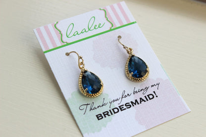 Sapphire Earrings Navy Blue Teardrop Gold - Bridesmaid Earrings - Bridesmaid Thank You Note Card - Sapphire Wedding Jewelry - Something Blue