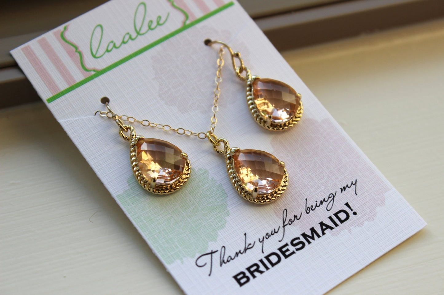 Gold Blush Jewelry Set Blush Bridesmaid Earrings Wedding Jewelry, Champagne Wedding, Bridesmaid Gift for Her, Pink Necklace, Bridesmaid Card