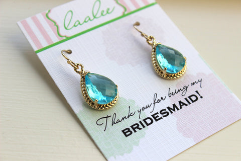 Aquamarine Earrings Gold Wedding Jewelry - Blue Topaz Bridesmaid Earrings Bridesmaid Gift Blue Bridal Jewelry Personalized Thank You Note
