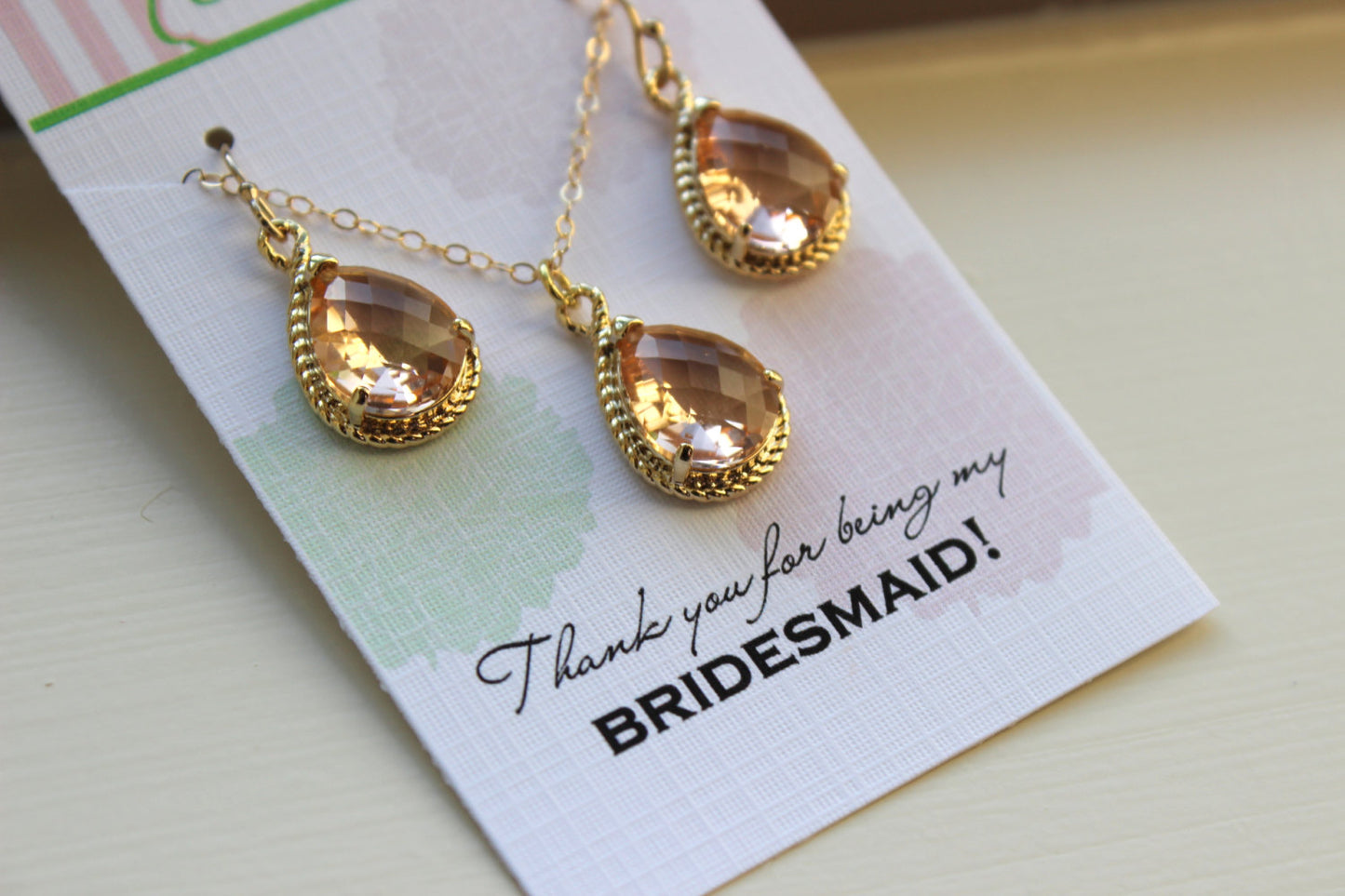 Blush Earring Necklace Set Gold - Champagne Peach Wedding Jewelry - Pink Bridesmaid Jewelry Gift Blush Bridal Jewelry Personalized Note Card