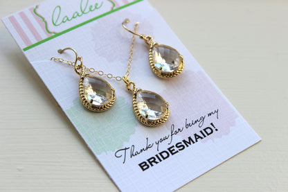 Clear Crystal Earring Necklace Set Gold - Crystal Wedding Jewelry - Clear Bridesmaid Jewelry Gift Bridal Jewelry Set Personalized Note Card