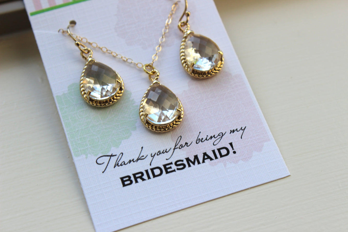 Clear Crystal Earring Necklace Set Gold - Crystal Wedding Jewelry - Clear Bridesmaid Jewelry Gift Bridal Jewelry Set Personalized Note Card
