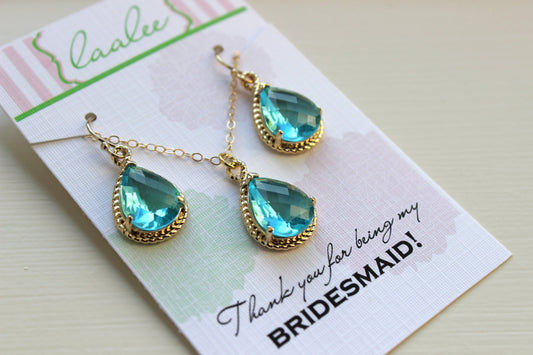Aquamarine Earring Necklace Set Gold - Aquamarine Wedding Jewelry Set Topaz Blue Bridesmaid Jewelry Bridal Gift Personalized Note Card