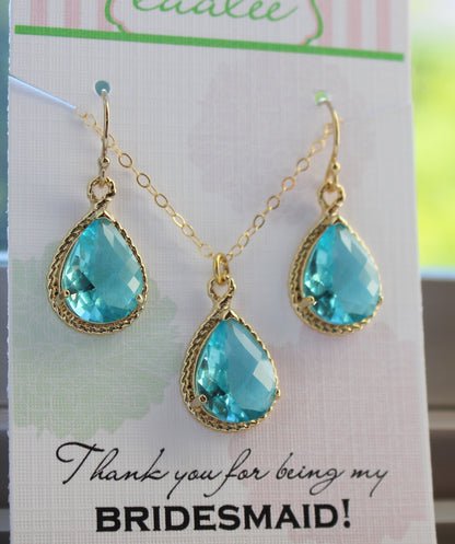Aquamarine Earring Necklace Set Gold - Aquamarine Wedding Jewelry Set Topaz Blue Bridesmaid Jewelry Bridal Gift Personalized Note Card
