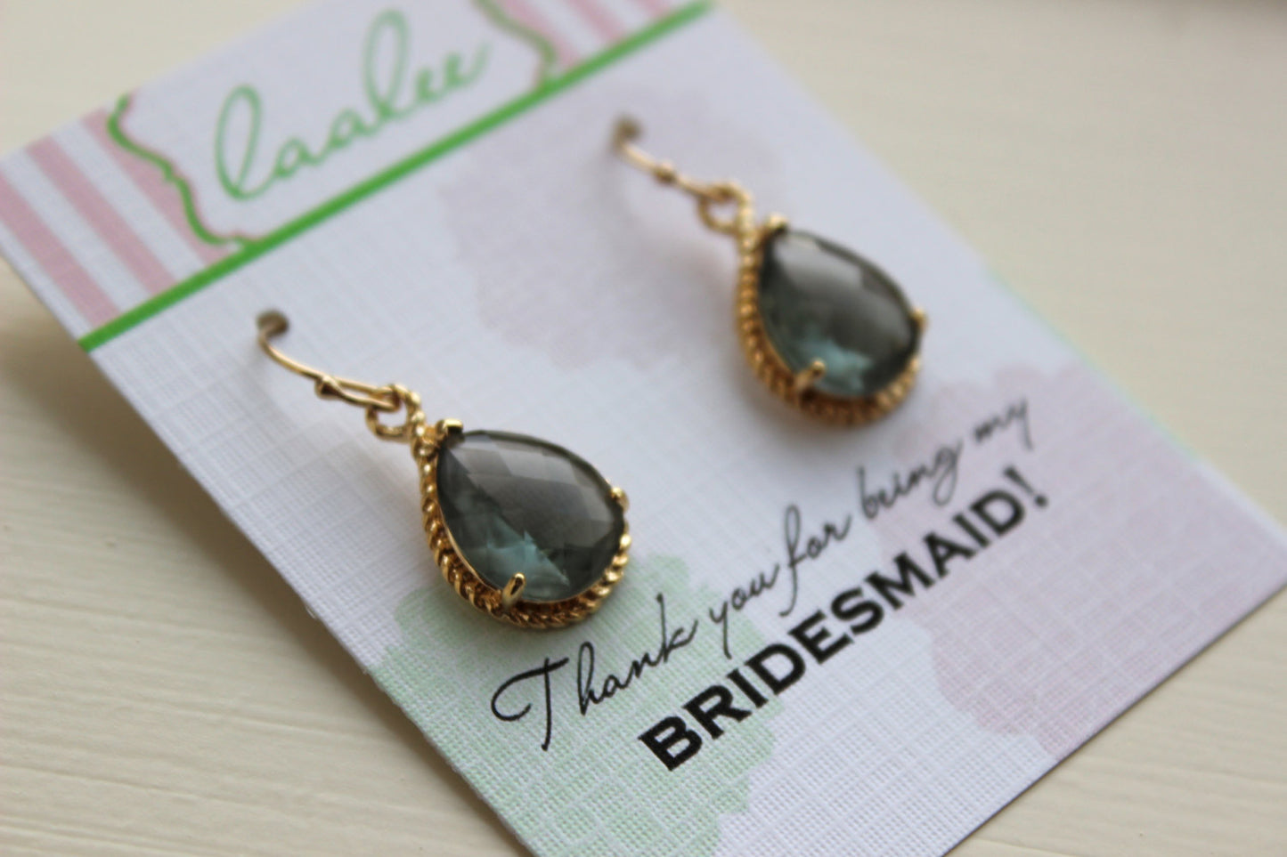 Charcoal Gray Earrings Gold Wedding Jewelry - Grey Bridesmaid Earrings Bridesmaid Gift Charcoal Bridal Jewelry Personalized Thank You Note