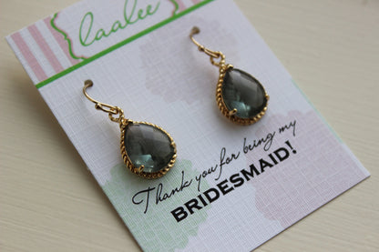 Charcoal Gray Earrings Gold Wedding Jewelry - Grey Bridesmaid Earrings Bridesmaid Gift Charcoal Bridal Jewelry Personalized Thank You Note