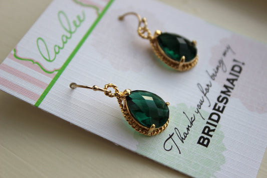 Emerald Green Earrings Gold Wedding Jewelry - Emerald Bridesmaid Earrings Bridesmaid Gift Green Bridal Jewelry Personalized Thank You Note