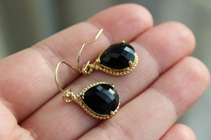 Black Earrings Gold Wedding Jewelry - Jet Black Bridesmaid Earrings Bridesmaid Gift Black Bridal Jewelry Set Personalized Thank You Note