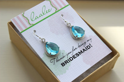 Silver Aquamarine Earrings Wedding Jewelry - Blue Topaz Bridesmaid Earrings Bridesmaid Gift Blue Bridal Jewelry Personalized Thank You Note