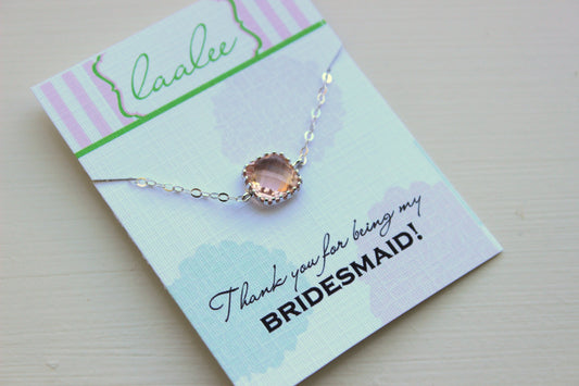 Dainty Silver Peach Necklace - Bridesmaid Gift Under 25 - Pink Wedding Jewelry - Champagne Blush Bridesmaid Necklace Silver Blush Jewelry