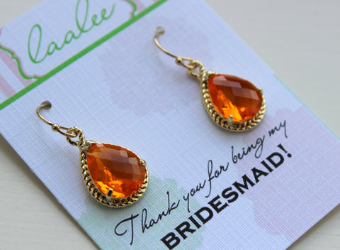 Gold Burnt Orange Earrings Tangerine Wedding Jewelry Bridesmaid Earrings Bridesmaid Gift Bridal Jewelry Personalized Note Tangerine Jewelry
