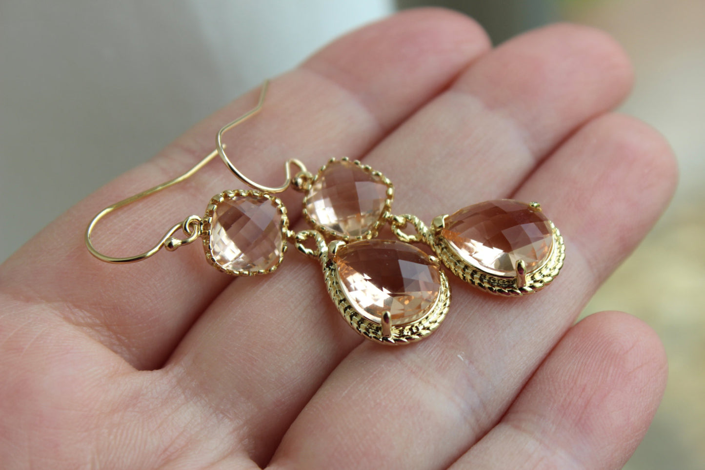 Gold Blush Earrings Two Tiered - Champagne Peach Wedding Jewelry - Pink Blush Bridesmaid Earrings Gift Peach Bridal Jewelry - Gift Under 35