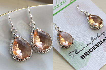 Silver Blush Earrings - Champagne Peach Wedding Jewelry Pink Blush Bridesmaid Earrings Personalized Gift Under 25 - Silver Bridal Jewelry
