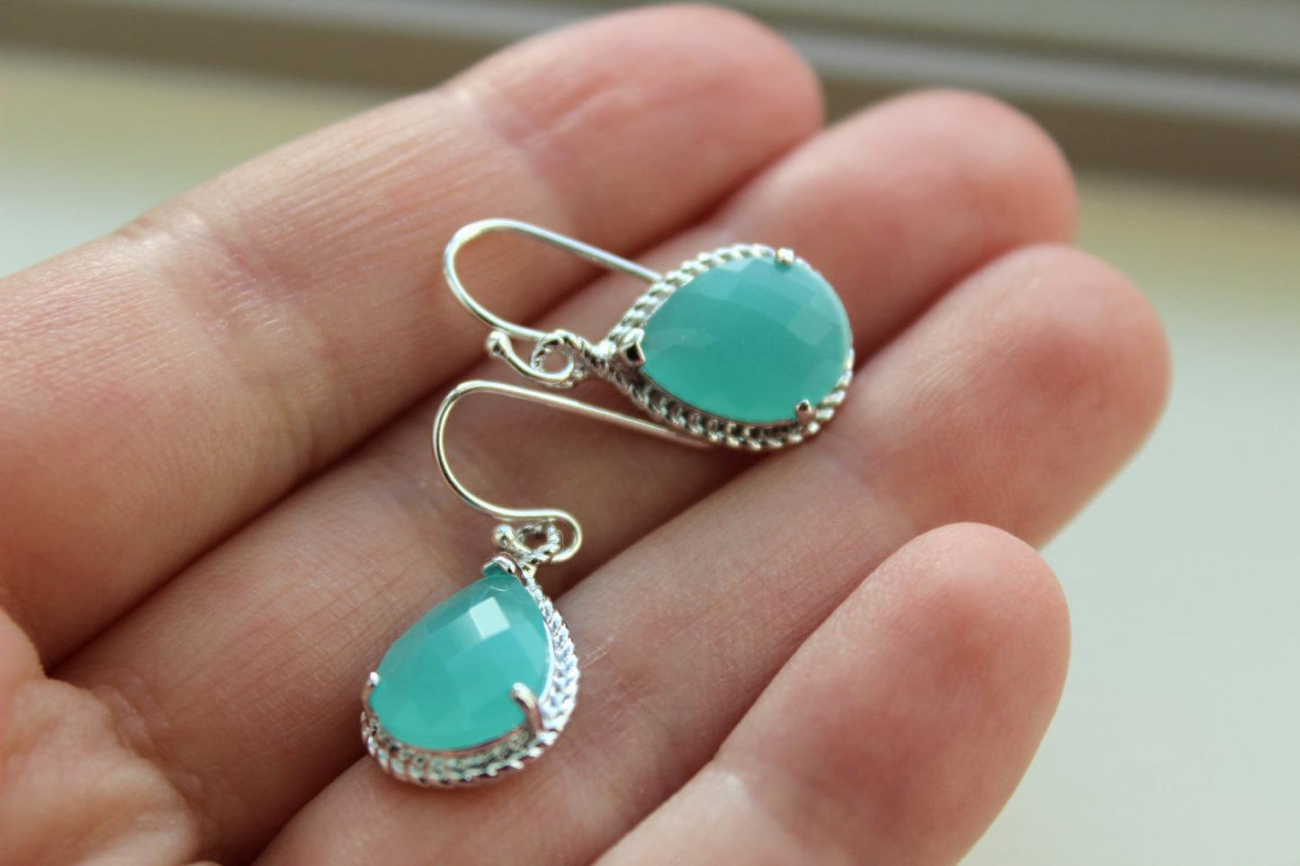 Silver Blue Mint Earrings Wedding Jewelry - Aqua Blue Mint Bridesmaid Earrings Gift Personalized Under 25 Mint Green Bridal Jewelry
