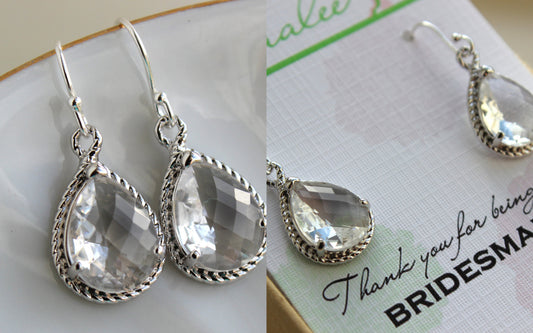 Crystal Earrings Silver Crystal Wedding Jewelry Crystal Clear Bridesmaid Earrings Bridesmaid Gift Bridal Jewelry Personalized Thank You Note