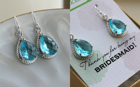 Silver Aquamarine Earrings Wedding Jewelry - Blue Topaz Bridesmaid Earrings Bridesmaid Gift Blue Bridal Jewelry Personalized Thank You Note