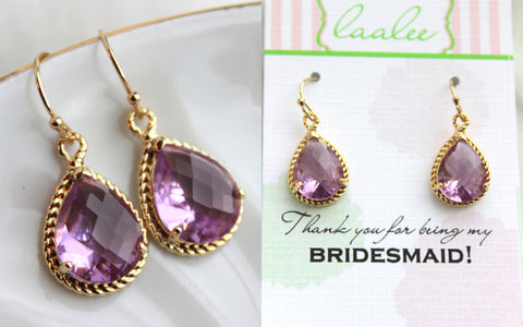 Gold Lavender Earrings Wedding Jewelry Purple Bridesmaid Earrings Bridesmaid Gift Lavender Lilac Wedding Jewelry Personalized Gift Under 25