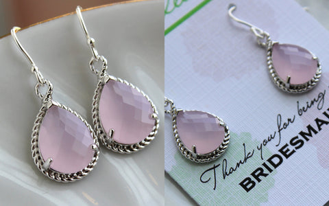 Silver Pink Opal Earrings Wedding Jewelry - Blush Pink Bridesmaid Earrings Bridesmaid Gift Pink Bridal Jewelry Personalized Thank You Note