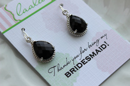 Silver Black Earrings Wedding Jewelry - Jet Black Bridesmaid Earrings Bridesmaid Gift Black Bridal Jewelry Set Personalized Thank You Note