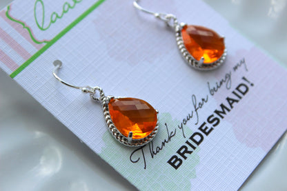 Silver Burnt Orange Earrings Tangerine Wedding Jewelry Bridesmaid Earrings Bridesmaid Gift Bridal Jewelry Personalized Note Bridesmaid Gift