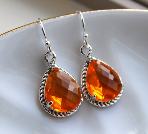 Silver Burnt Orange Earrings Amber Jewelry - Tangerine Bridesmaid Earrings Wedding Earrings Amber Bridesmaid Jewelry Orange Wedding Jewelry