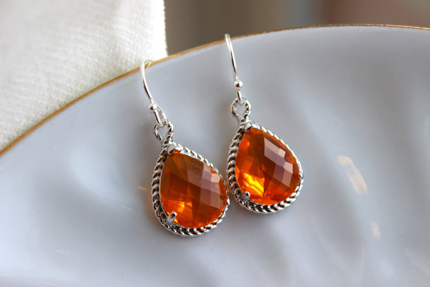 Silver Burnt Orange Earrings Amber Jewelry - Tangerine Bridesmaid Earrings Wedding Earrings Amber Bridesmaid Jewelry Orange Wedding Jewelry