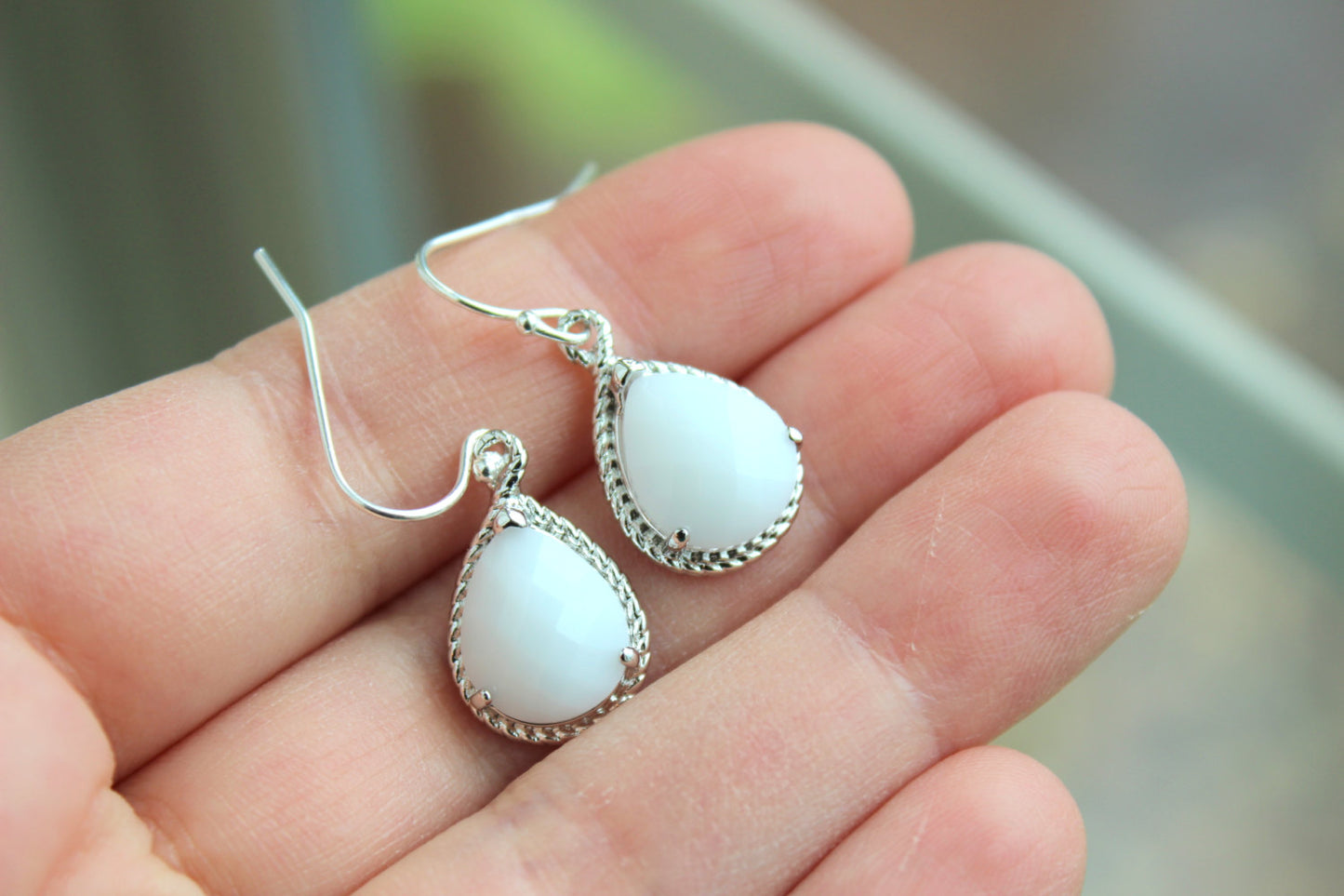 Silver White Opal Earrings White Wedding Jewelry Bridesmaid Earrings Gift White Opal Cream Bridal Jewelry Personalized Gift Under 25