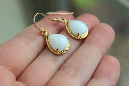 Gold White Opal Earrings White Wedding Jewelry Bridesmaid Earrings Gift Gold White Opal Cream Bridal Jewelry Gold Personalized Gift Under 25