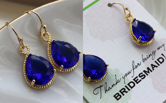 Gold Cobalt Earrings Electric Blue Wedding Jewelry Bridesmaid Earrings Bridesmaid Gift Bridal Jewelry Personalized Note Cobalt Blue Jewelry