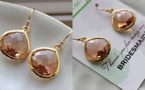 Gold Large Blush Earrings Champagne Peach Pink Wedding Jewelry Blush Bridesmaid Earrings Gift Peach Pink Bridal Personalized Gift Under 25
