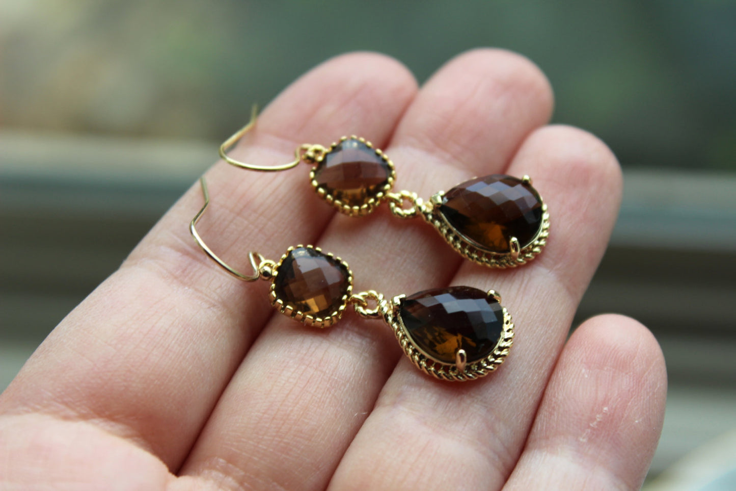 Gold Brown Earrings Two Tiered - Smoky Brown Topaz Wedding Jewelry - Smokey Brown Bridesmaid Earrings Gift Bridal Jewelry - Gift Under 35